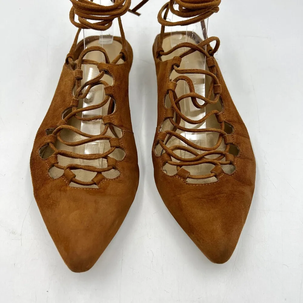 Stuart Weitzman Stringdown Suede Lace-Up Flat Amaretto Tan Pointy Toe Mule - Image 2
