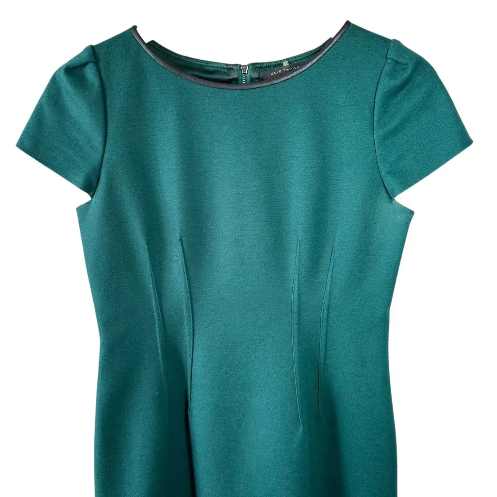 Elie Tahari Emerald Green Wool Blend Sheath Dress Leather Trim Size 4 Career - Image 3