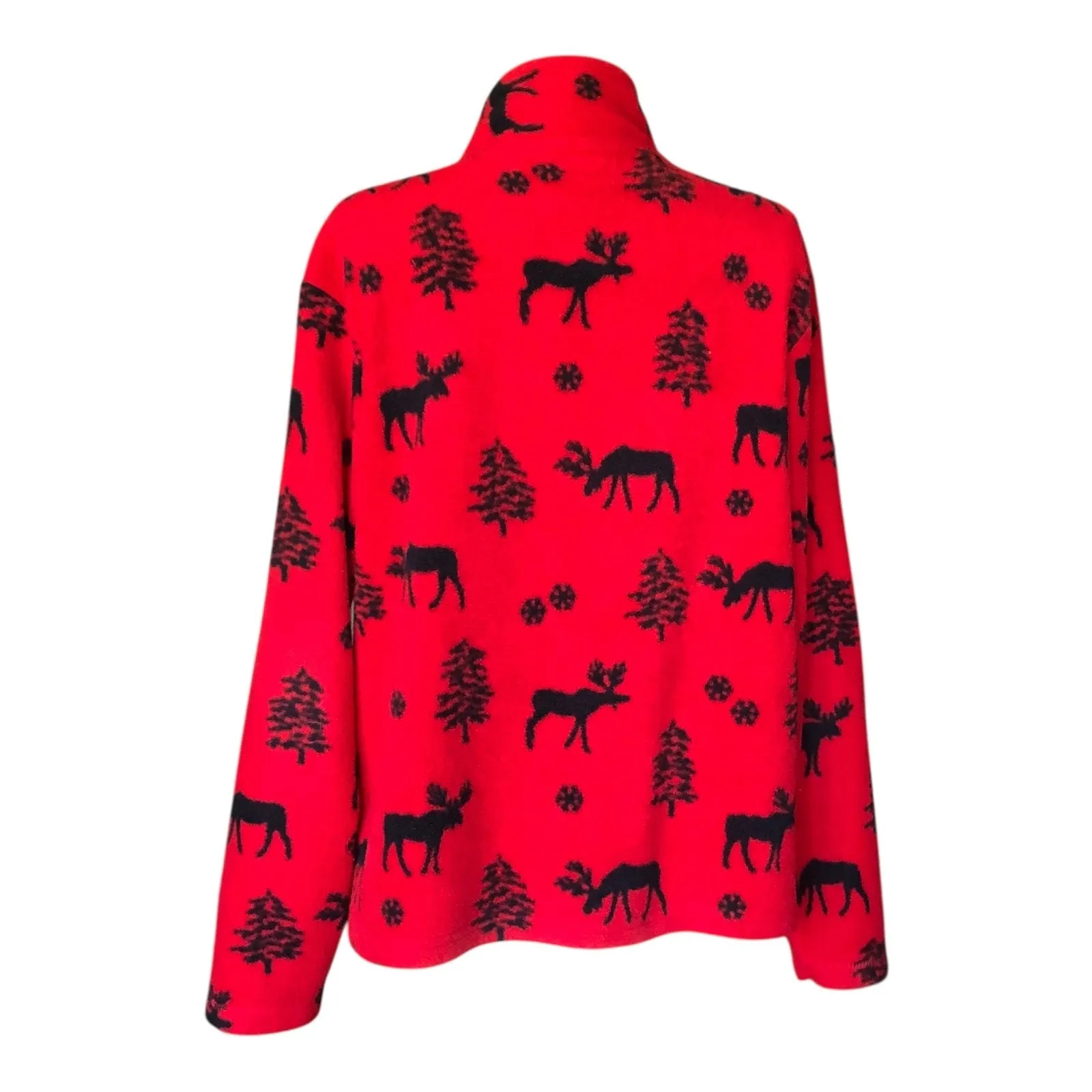 Diagonal Red Fleece Zip Front Jacket Moose Tree Snowflake Print Women's Sz Large - Image 4