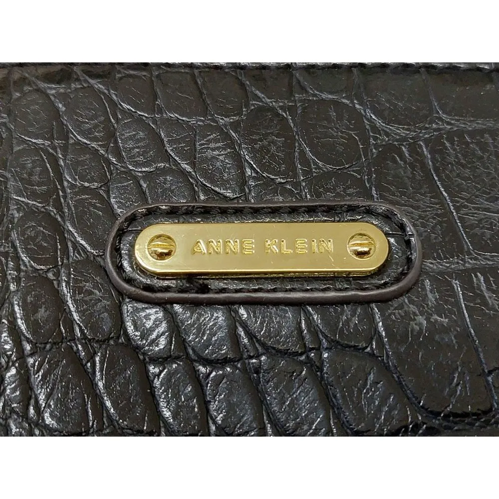 Black Anne Klein Faux Croc Shoulder Bag Purse with Gold Tone Hardware Logo Charm - Image 13