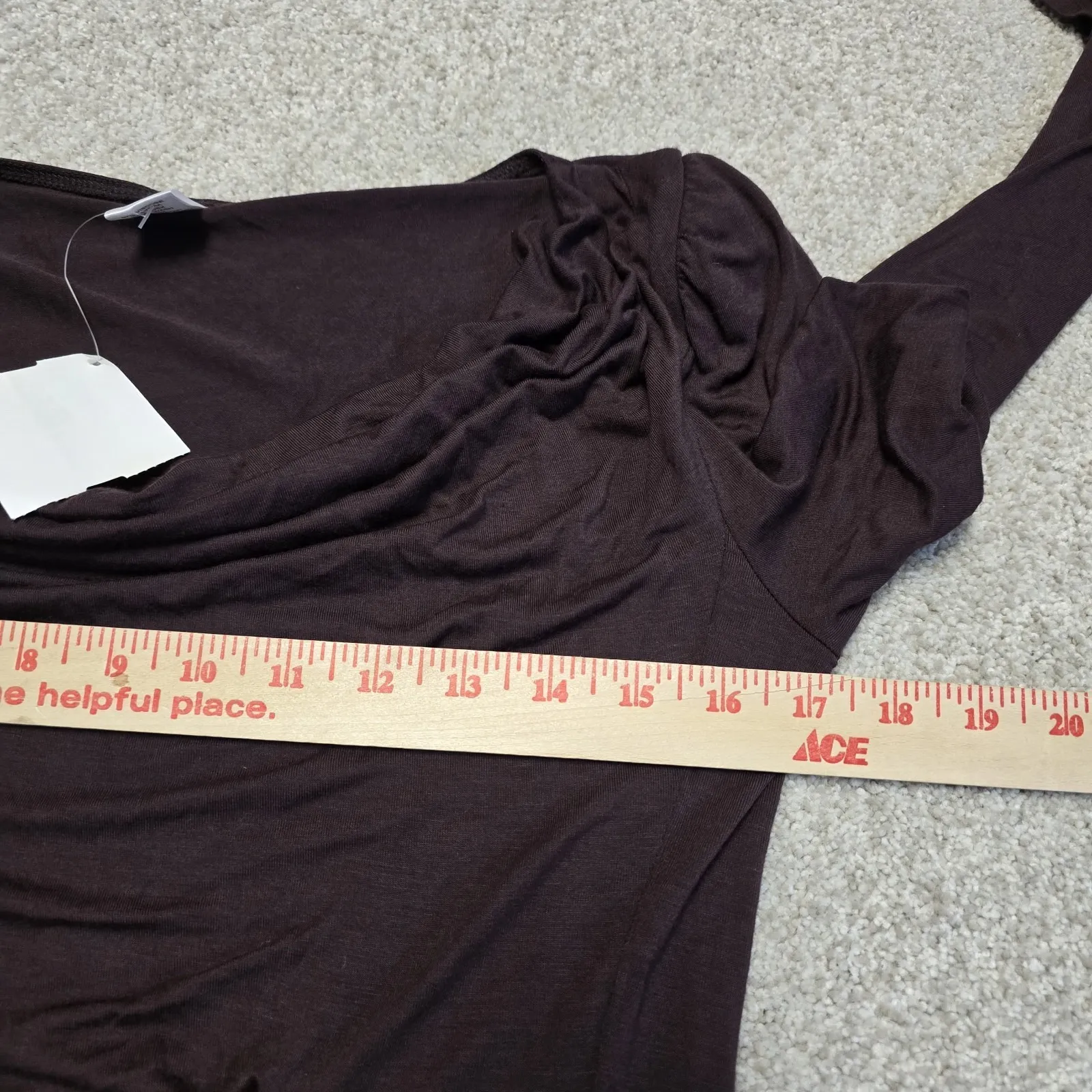 Peruvian Connection D'Orsay Dress Small Brown Long Sleeve Ruched Cowl Neck Midi - Image 7