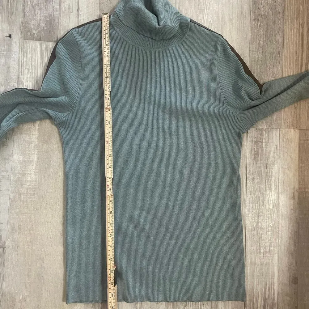 Lauren Ralph Lauren Faux Leather Trim Turtleneck Sweater XL Teal Heather/brown Blue - Image 8