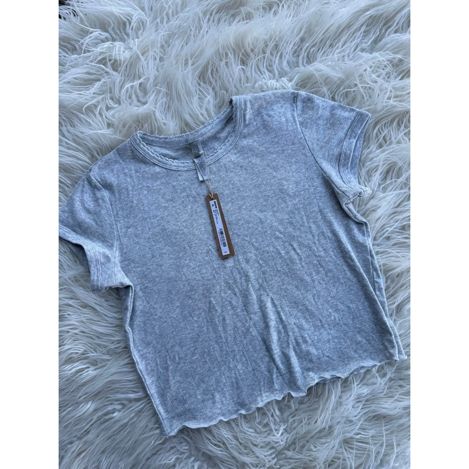 Skims Drop Needle Pointelle Baby Tee Light Heather Grey Size Medium - Image 5
