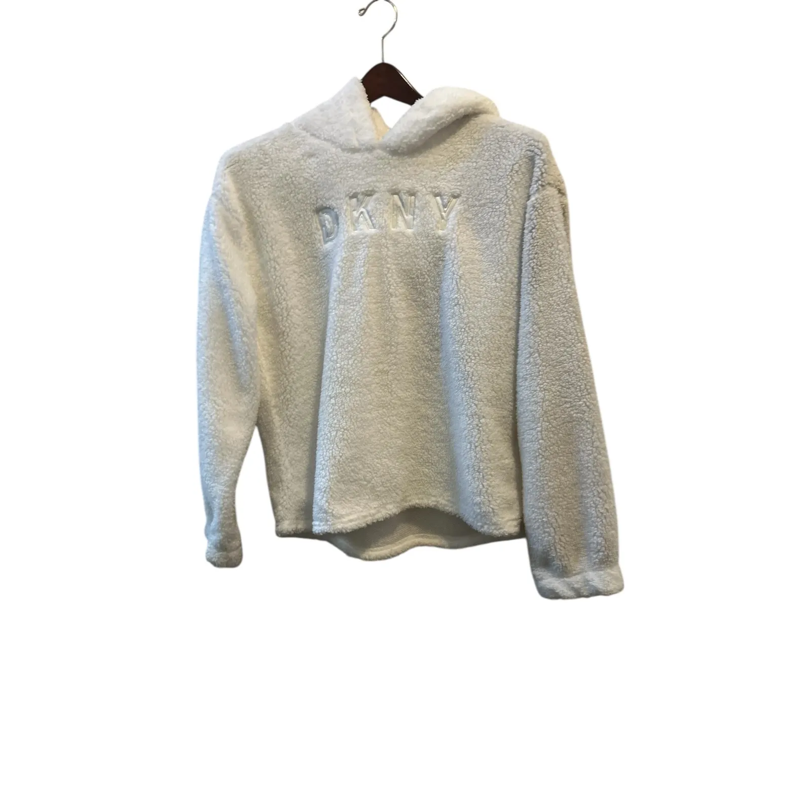 DKNY White Sherpa Teddy Fleece Hoodie Embroidered‎ Logo Cropped Casual Women's - Image 2