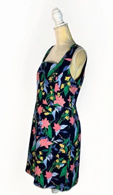 J.Crew Factory Women 12 Navy Blue Floral Basketweave Square-Neck Sheath Dress - Image 4