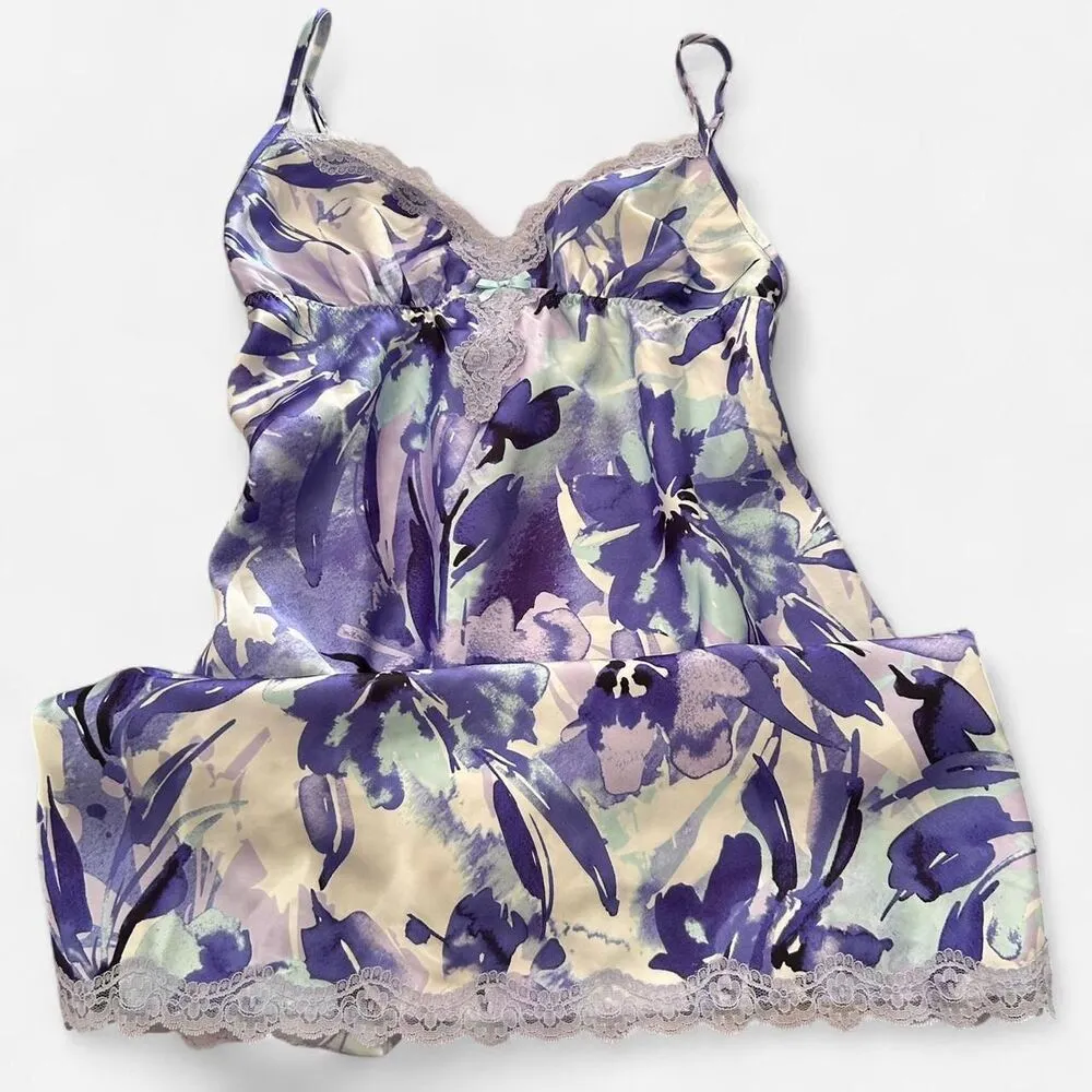 Y2K Silky Sheen Purple Floral Lace Babydoll Slip Dress – Retro Coquette Glam S - Image 2
