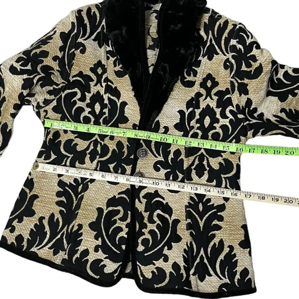 TAPESTRY Jacket Blazer Reversible Black Beige Plush Collar Cuffs 2 Buttons - Image 7