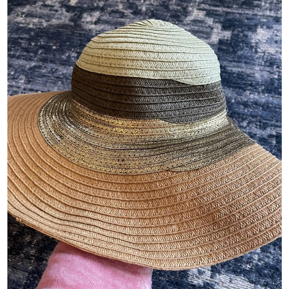 Express Womens Paper/Polyester Woven Floppy Sun Hat Green/Brown/Mettalic OneSize - Image 3