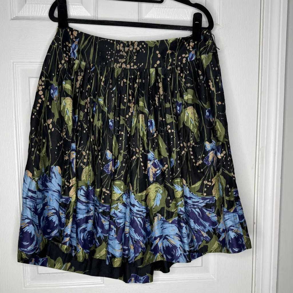 Ann Taylor LOFT Skirt Women's 14 Black Blue‎ Floral Pleated A-Line Pockets - Image 2