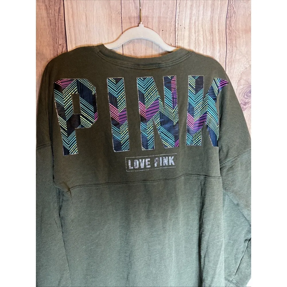Pink Victoria's Secret Women's Olive Green Sweatshirt Size Medium Long Sleeve - Image 8