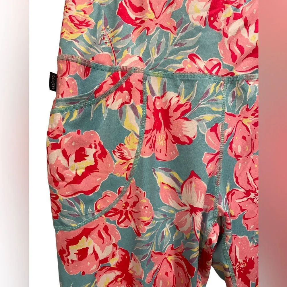 Simply Southern Blue Pink Tropical Floral Hibiscus Cropped Athletic Leggings - Image 2