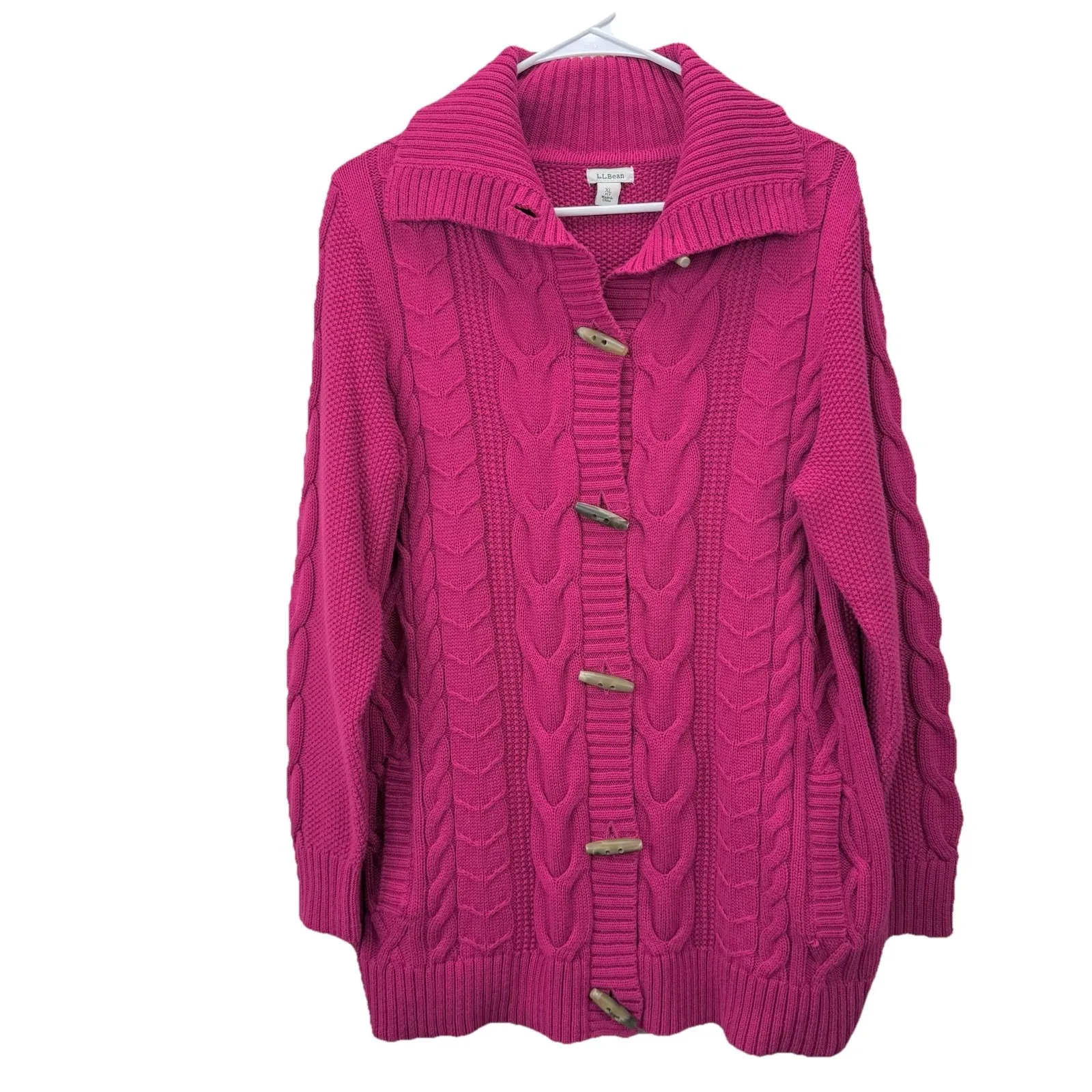 LL Bean Pink Cable Toggle Button Up Cotton Cardigan Sweater Pockets XL PETITE Size undefined - Image 2