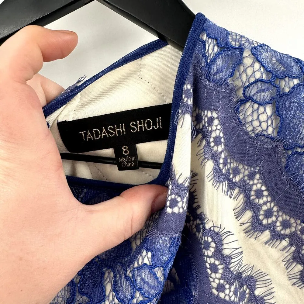 Tadashi Shoji Neoprene Lace Overlay China Blue Snow Cap Sleeve Dress Size 8 - Image 5