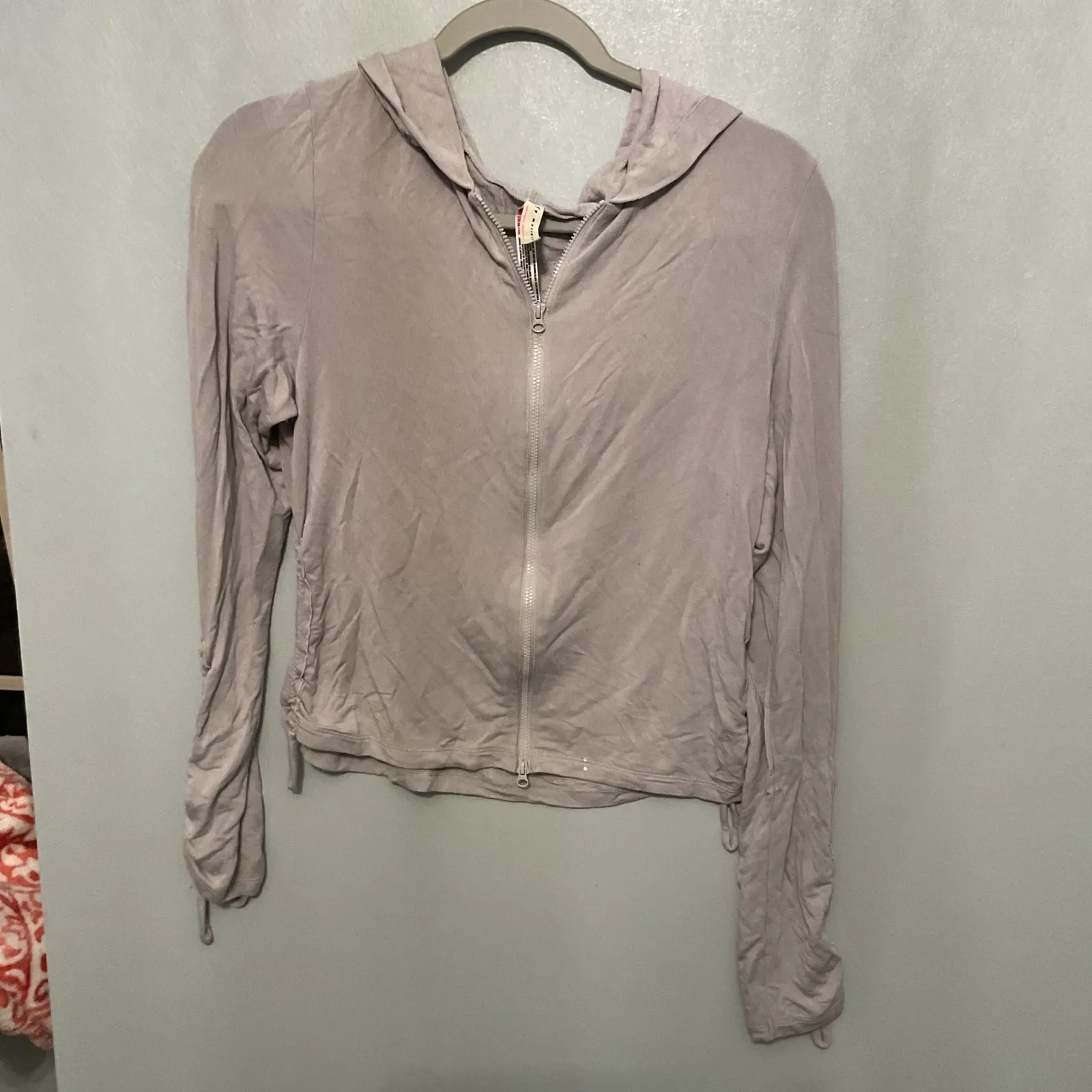 Free People Movement Mauve Ruched Drawstring Hoodie Long Sleeve Zip Up Size M Gray Size M - Image 5