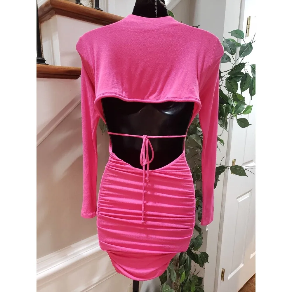 Naked Wardrobe Women's Pink Viscose Open Back Long Sleeve Knee Length Dress XS - Image 6