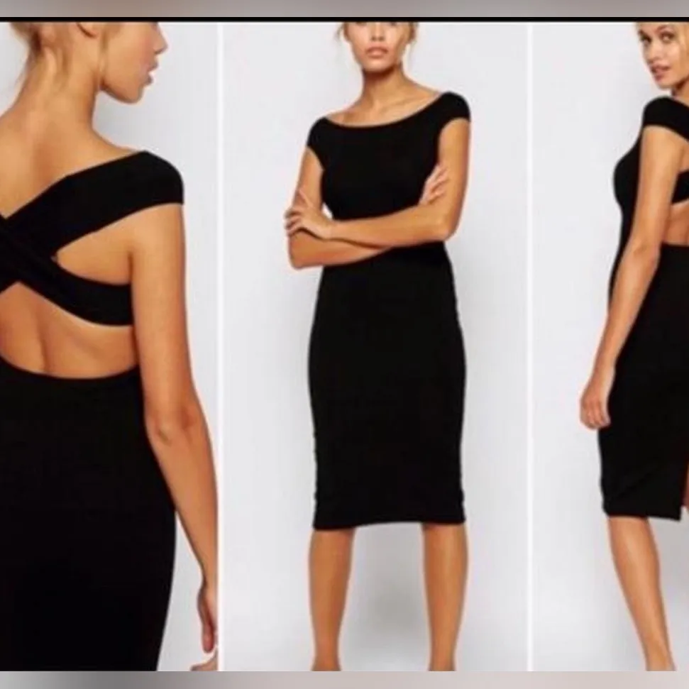 American Apparel Cross Back Off The Shoulder Dress Large Navy Blue Body Con - Image 2