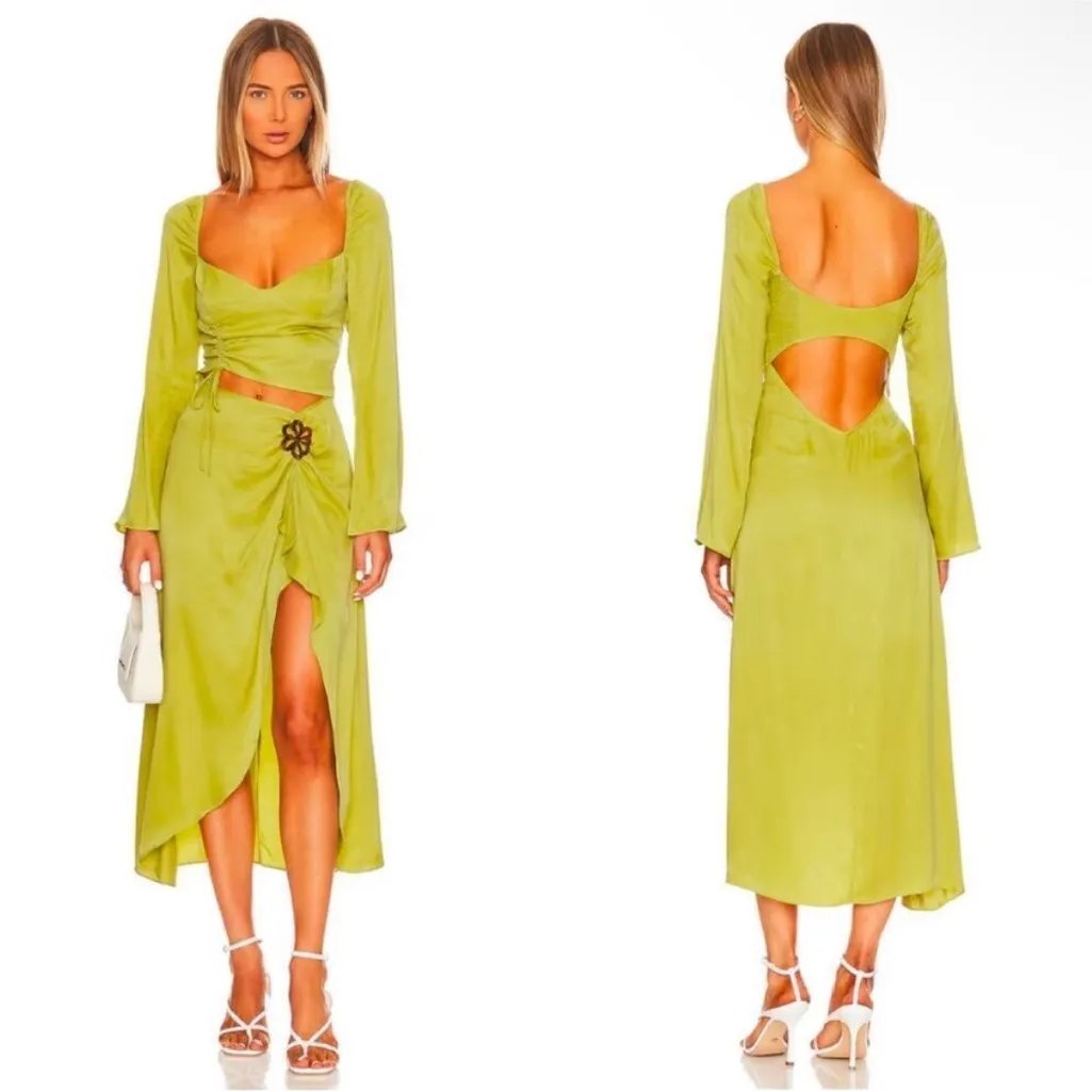 For Love & Lemons Allie Long Sleeve Cutout Ruched Slit Midi Dress Green XS - Image 9