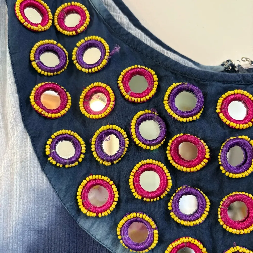 Calypso St. Barth Blue White Tie Dye Dress Midi Vacation Mirror Beaded Stripe L - Image 5