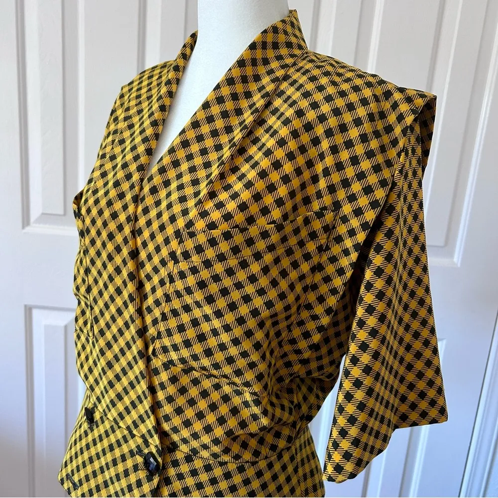 Vtg 1980s David Warren Mustard Yellow & Black Flare Sleeve Peplum Blouse Top 10 Gold - Image 3
