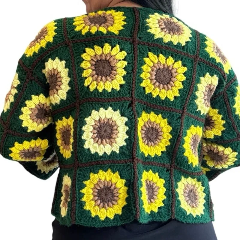 Handmade Crochet Sunflower Cardigan Sweater Boho Festival Cottagecore Vintage - Image 3