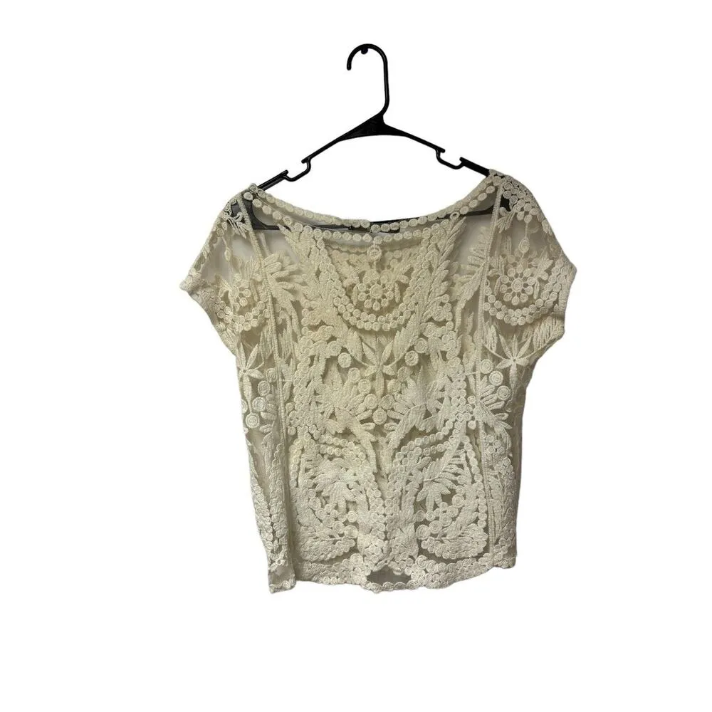 Zara Basic S White Short Sleeve Sheer Blouse Top Shirt Summer Spring Floral - Image 2