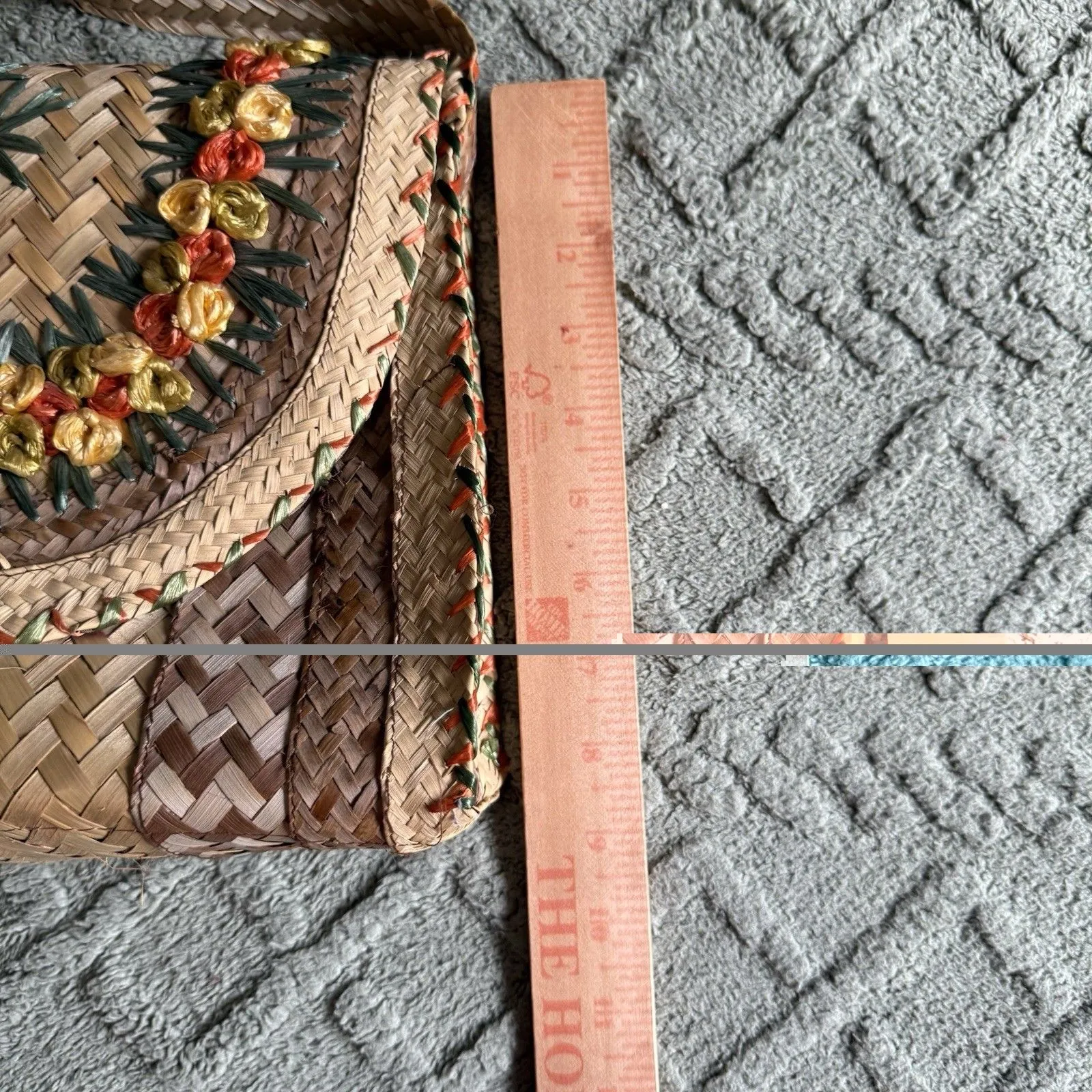 Vintage 1960s Cabana Floral Wicker Raffia Woven Straw Purse Handbag Philippines Yellow - Image 7