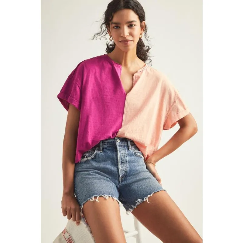 Pilcro Gianna Contrast Short Sleeve V-Neck Tee Peach Pink Size XS - Image 5