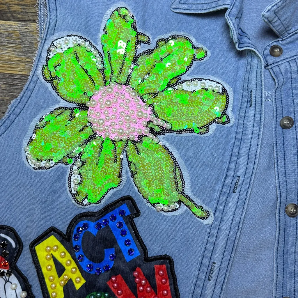 Embroidered Denim Vest with Mickey Minnie Mouse Disney Patches bling bedazzled Blue Size XL - Image 5