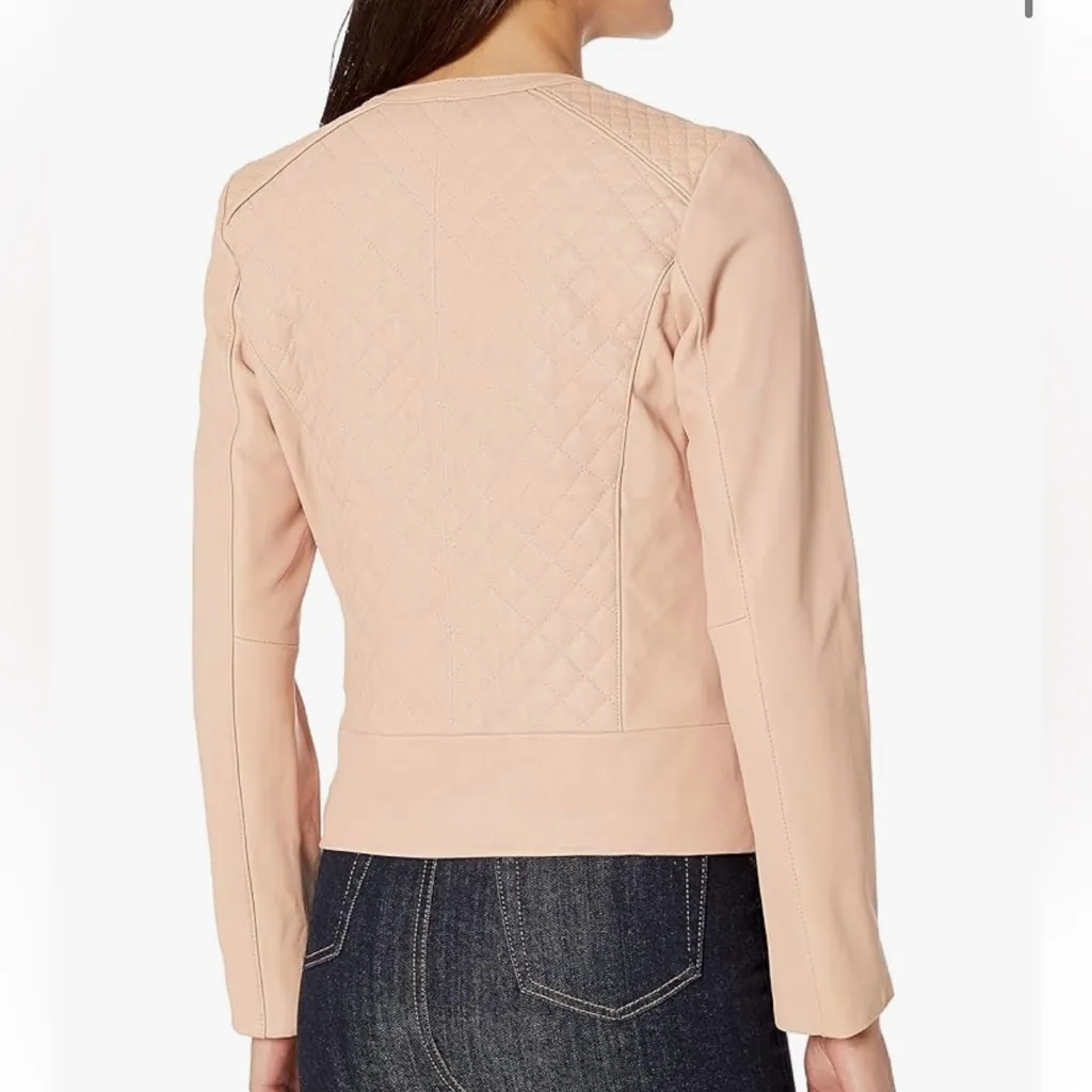 🌟COLE HAAN🌟 QUILTED JEWEL NECK ZIP UP LEATHER JACKET PINK SZ S - Image 2