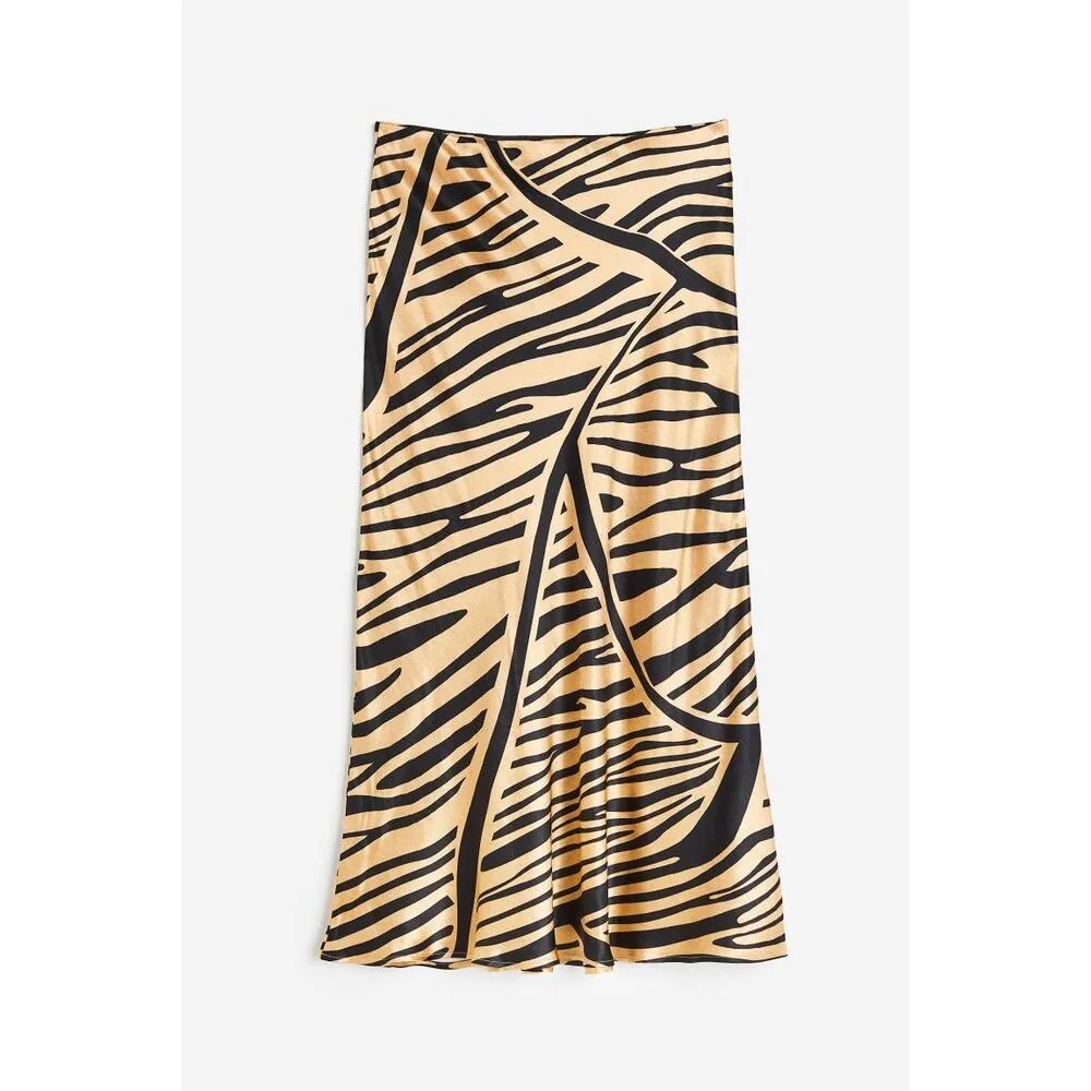 H&M Gold Metallic Zebra Animal Print Silk Satin Straight Pencil Slip Skirt Sz S - Image 3