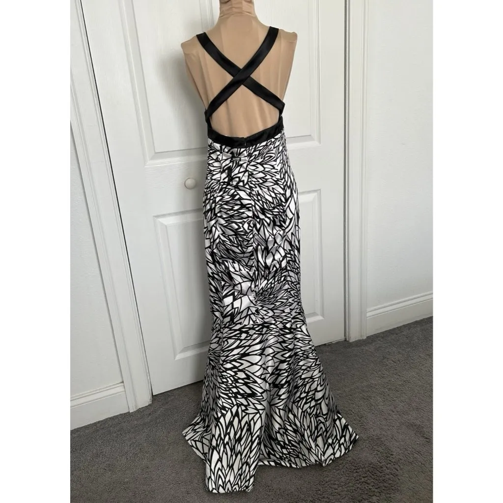 Morgan & Co Black White Halter Mermaid Gown Criss Cross Back Special Occassion S - Image 5