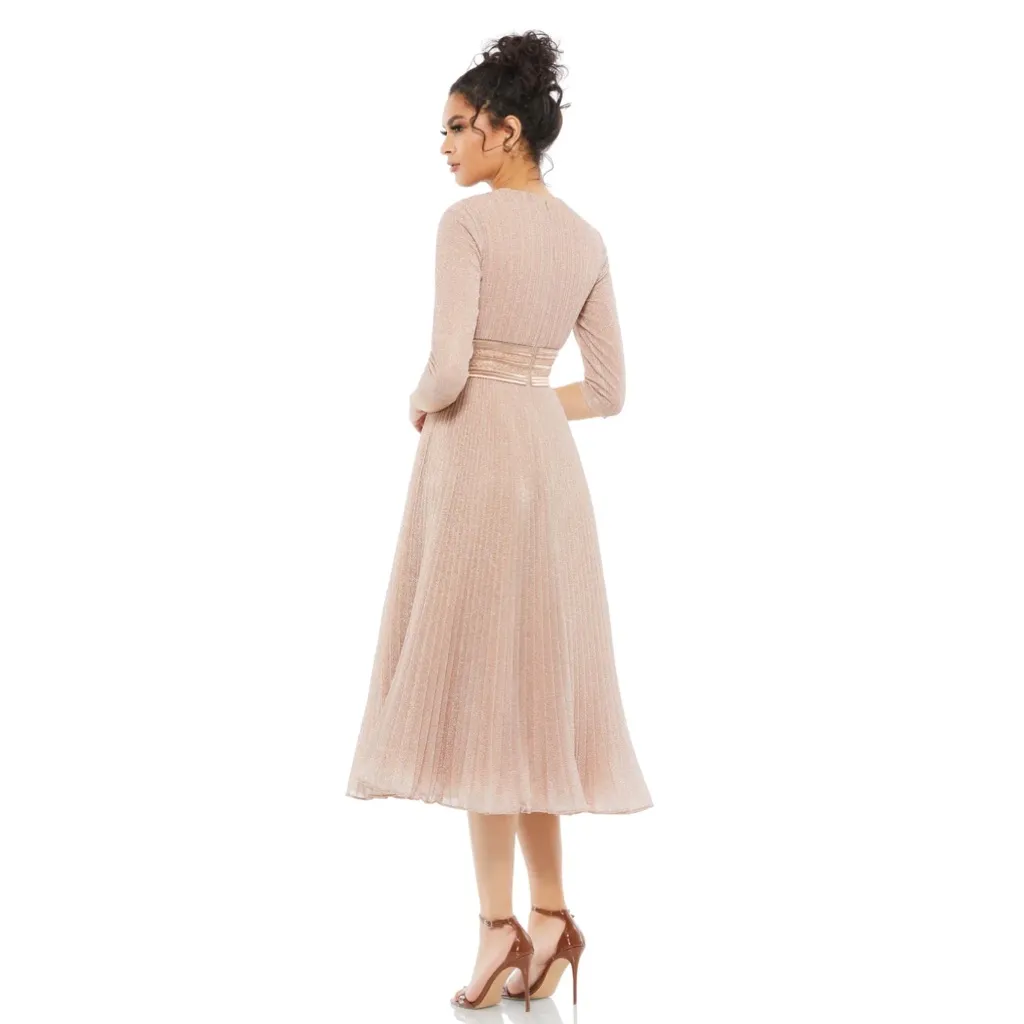 Mac Duggal Shimmering 3/4 Sleeve A-Line Midi Dress - Rose‎ Gold - 4 - Image 3