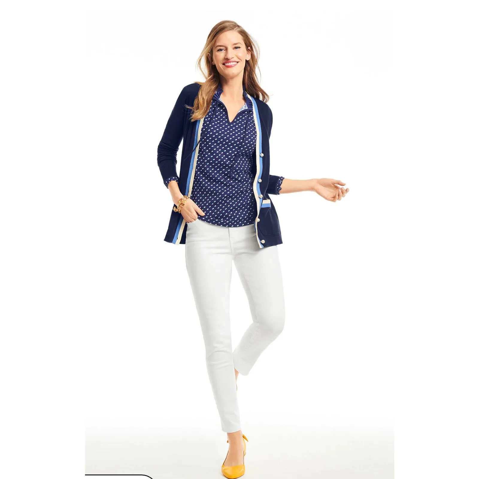 Talbots Pleated Dark & Light‎ Blue Dots Tie Neck Top Size Medium - Image 2