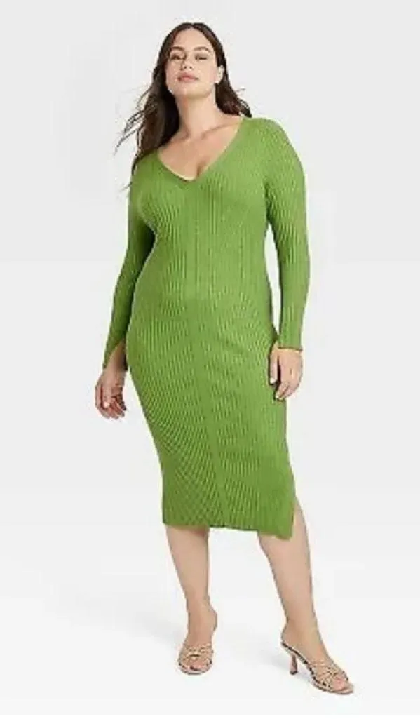 A New Day Light Green Ribbed V Neck Long Sleeve Column Knit Dress Size Large - Image 5