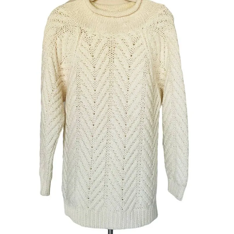 Cream Chunky Turtleneck Sweater Cable Knit Oversized Cozy Pullover Fisherman Size M - Image 2