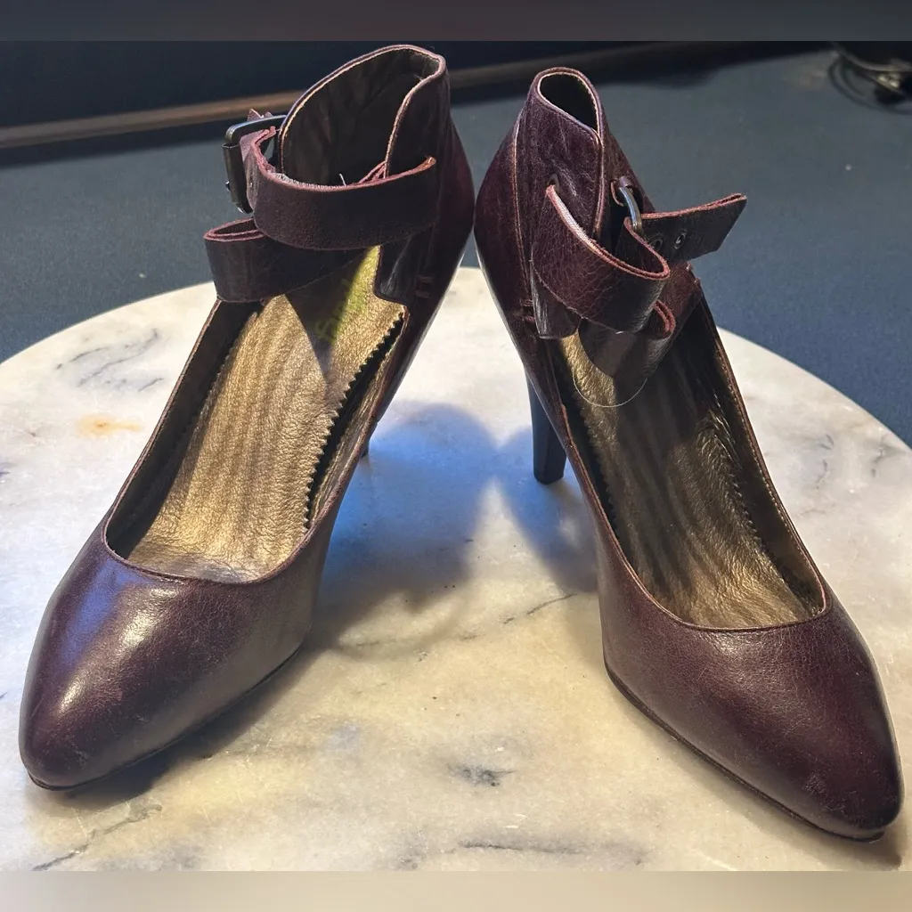 Anthropologie+Farylrobin Leather Burgundy Mary Jane Ankle Cuff 3.5 Heels Sz 7. Brown - Image 4