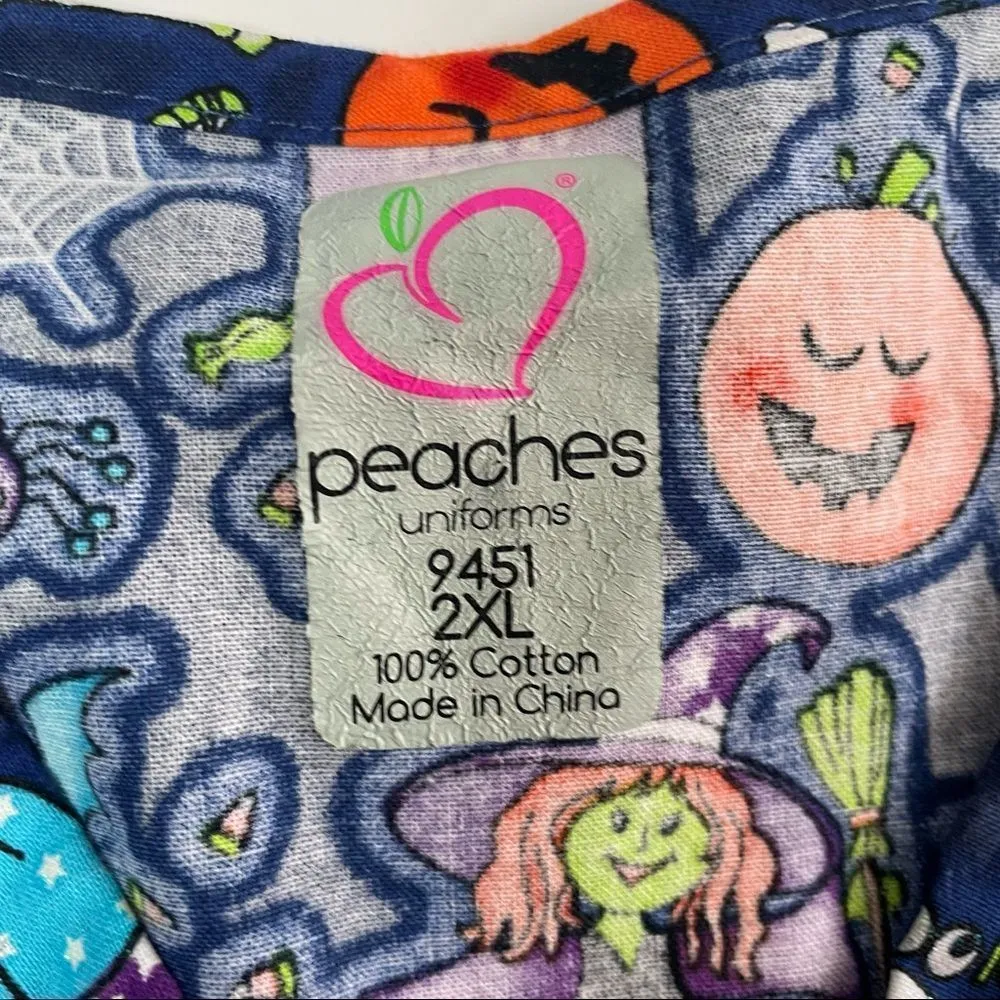 Peaches Uniforms Halloween Scrub Top Blue Size 2X - Image 4
