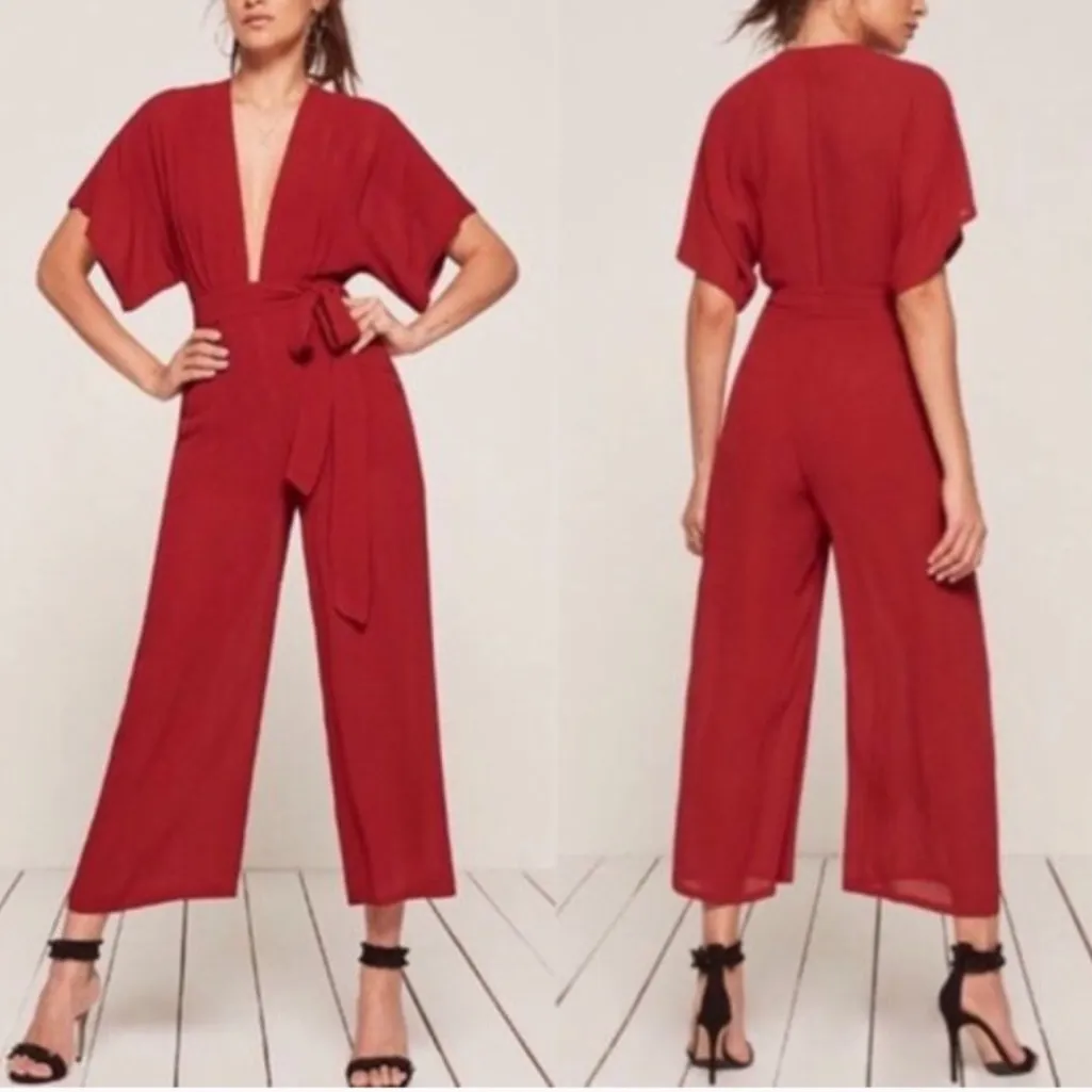 Reformation Women’s Swiss Red Short Sleeve V-Neck Wide Leg Jumpsuit Size 10 - Image 11