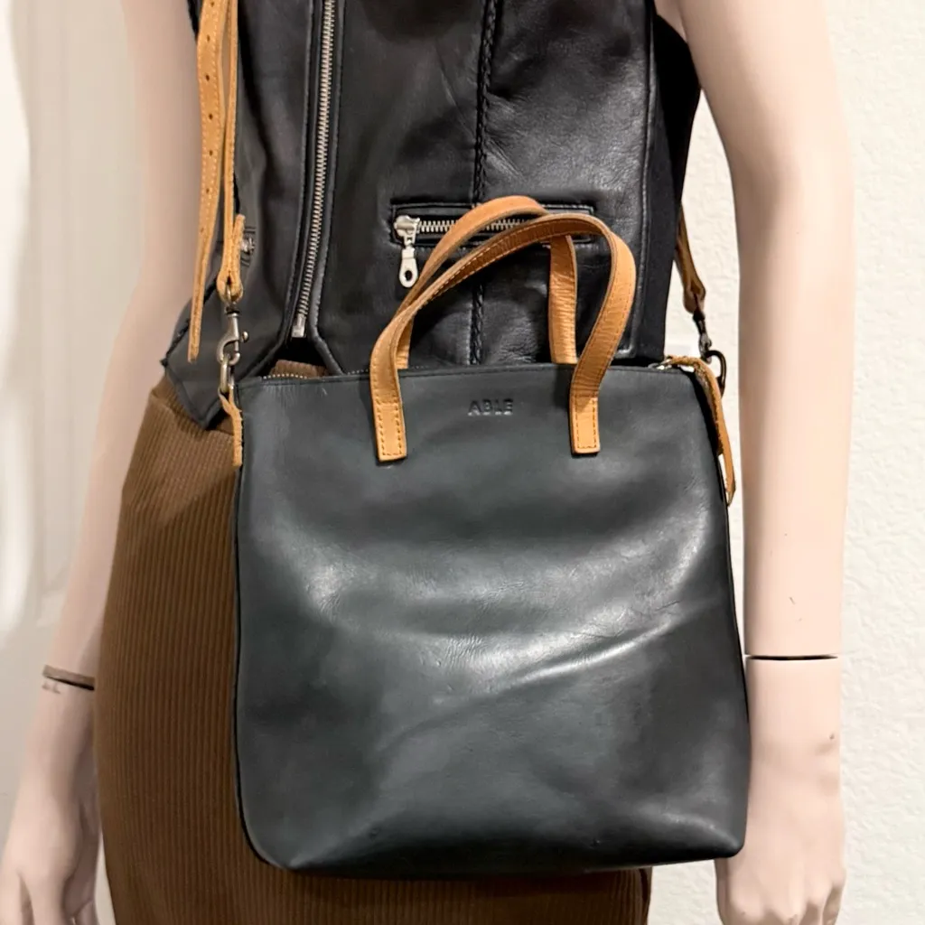 ABLE Abera Commuter Small Tote Matte Black/Cognac Leather Crossbody Tote Bag Black - Image 6