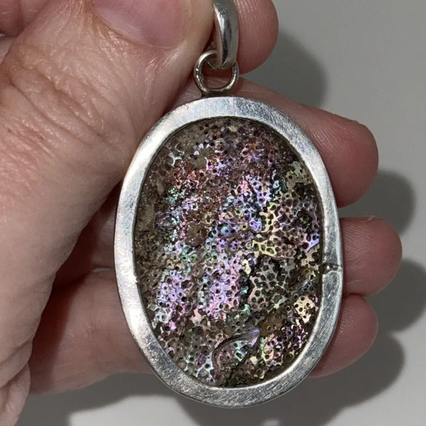 Large Abalone Shell Oval Silver Pendant Boho Artisan Style - Image 3