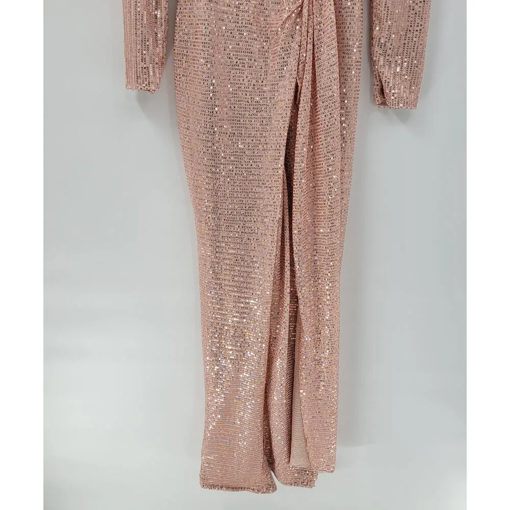 Sublime Sequined Gown S Pink Faux Wrap Long Puff Sleeve Tigh Slit Party Wedding - Image 14