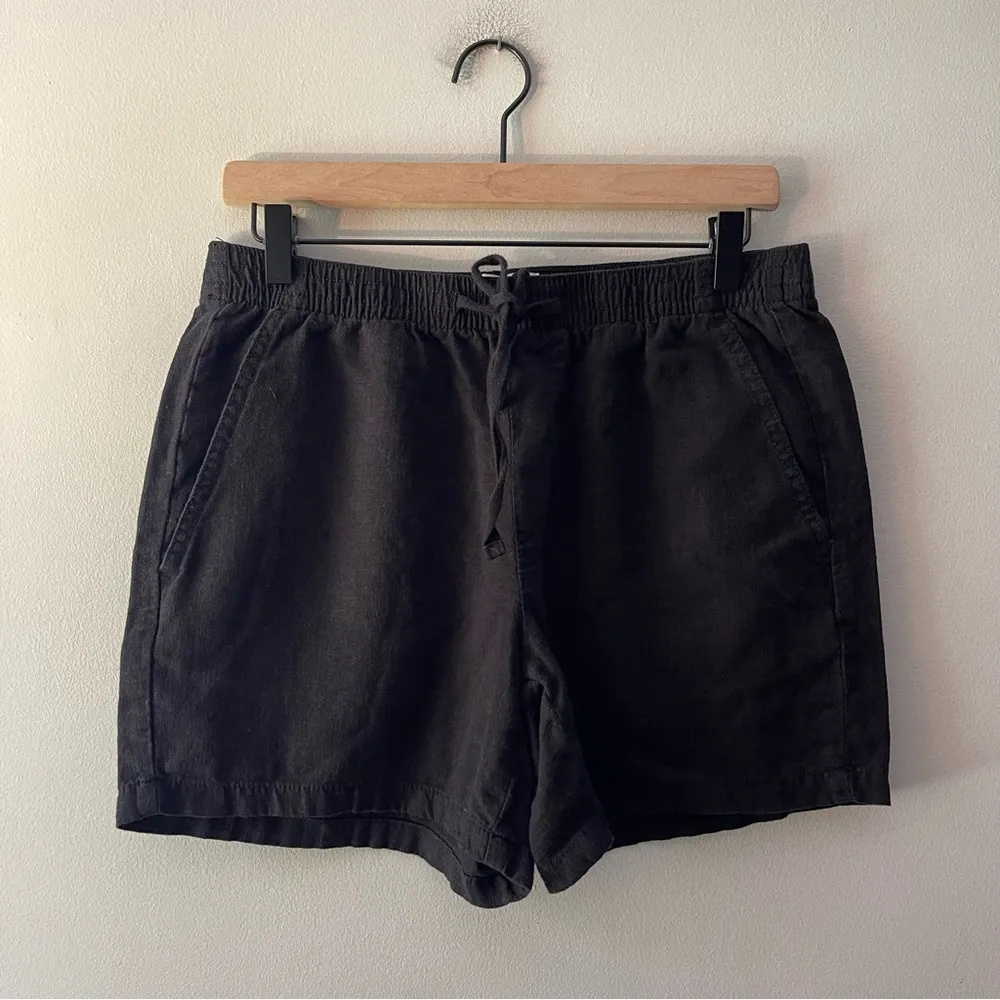 Black Linen Shorts Drawstring Elastic Waist Size Medium Loose Fit Pockets - Image 2