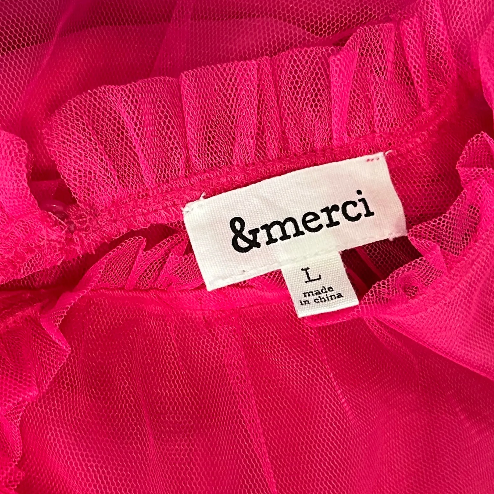 &Merci Ruffle Sleeve Sheer Tulle Short Dress NEW Womens L Hot Pink Mesh Tiered - Image 8