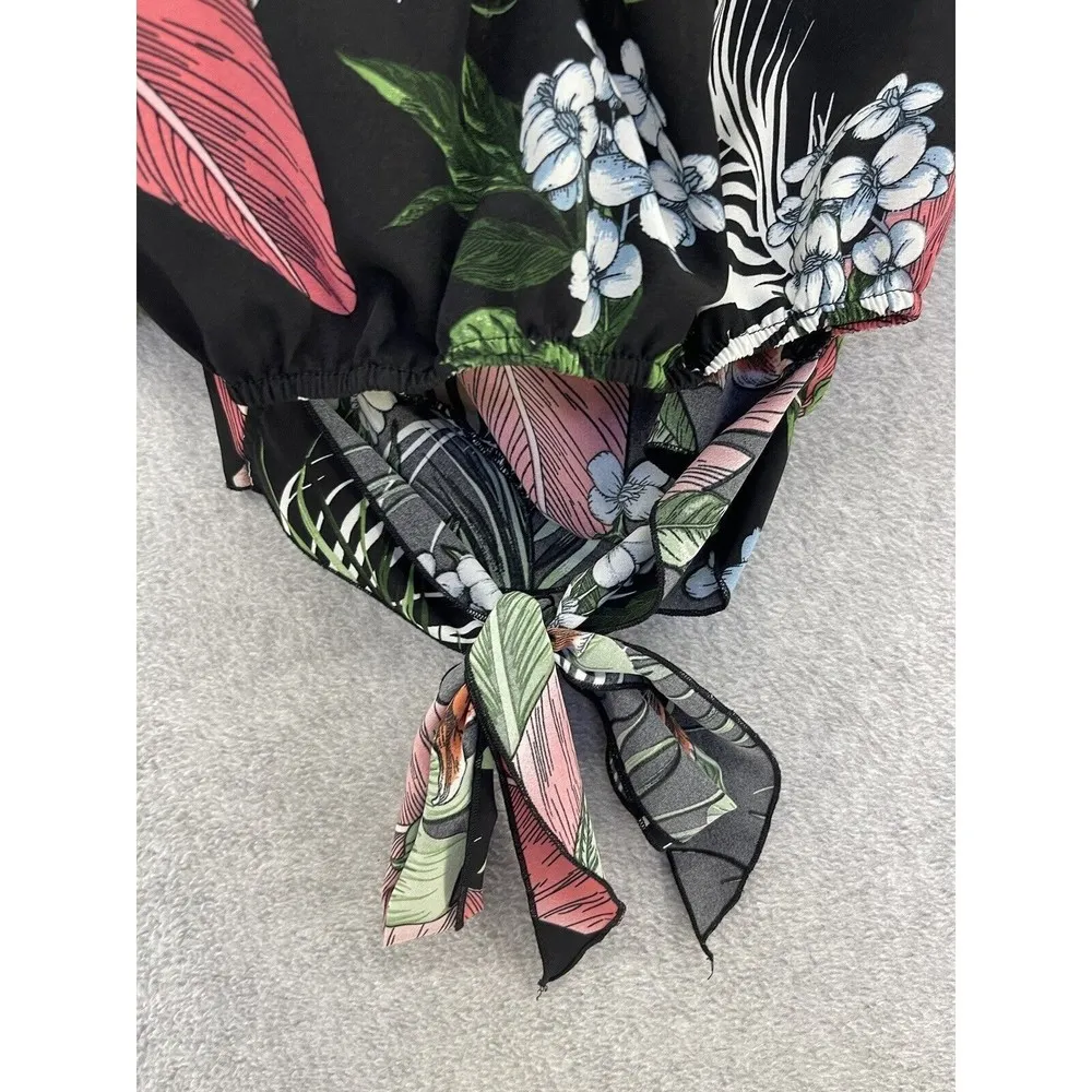 Shein Women's Off Shoulder Blouse Cropped Cut out Tie Black Floral Large - Image 6