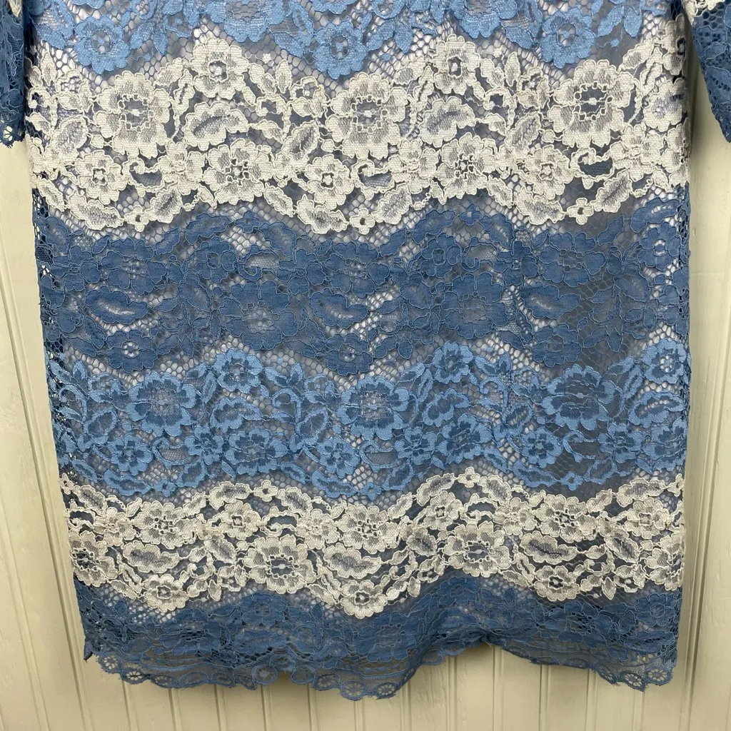 Eliza J Blue White Scallop Lace Overlay Shift Dress Women's Size 8 Knee Length - Image 4