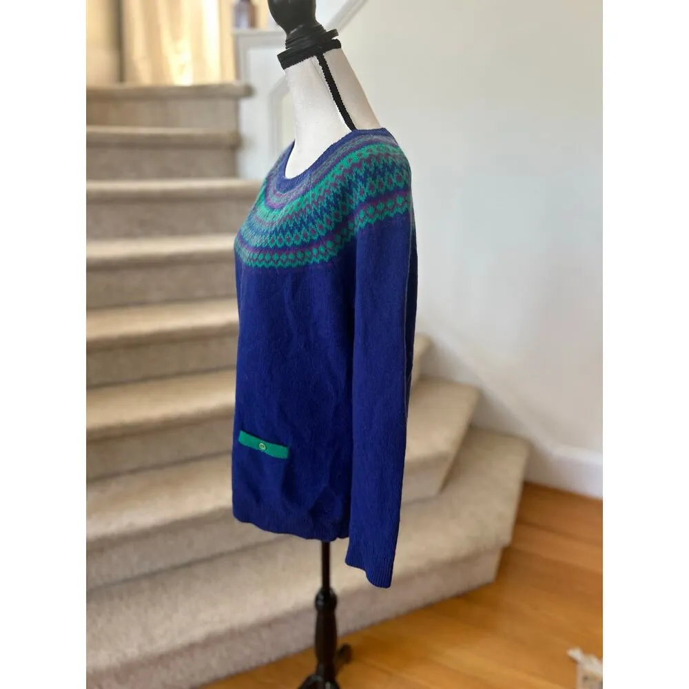 Vineyard Vines Cobalt Blue & Kelly Green Fair Isle Wool Long Sleeve Sweater - Image 4