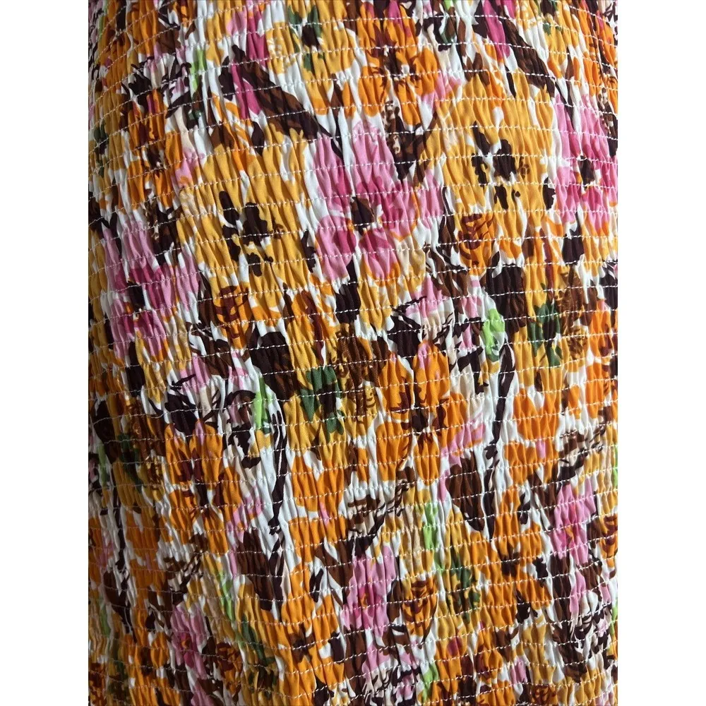 Fashion Smocked Bottom Tie Back Floral Knee Length Dress Women’s L NWT Orange Size L - Image 4