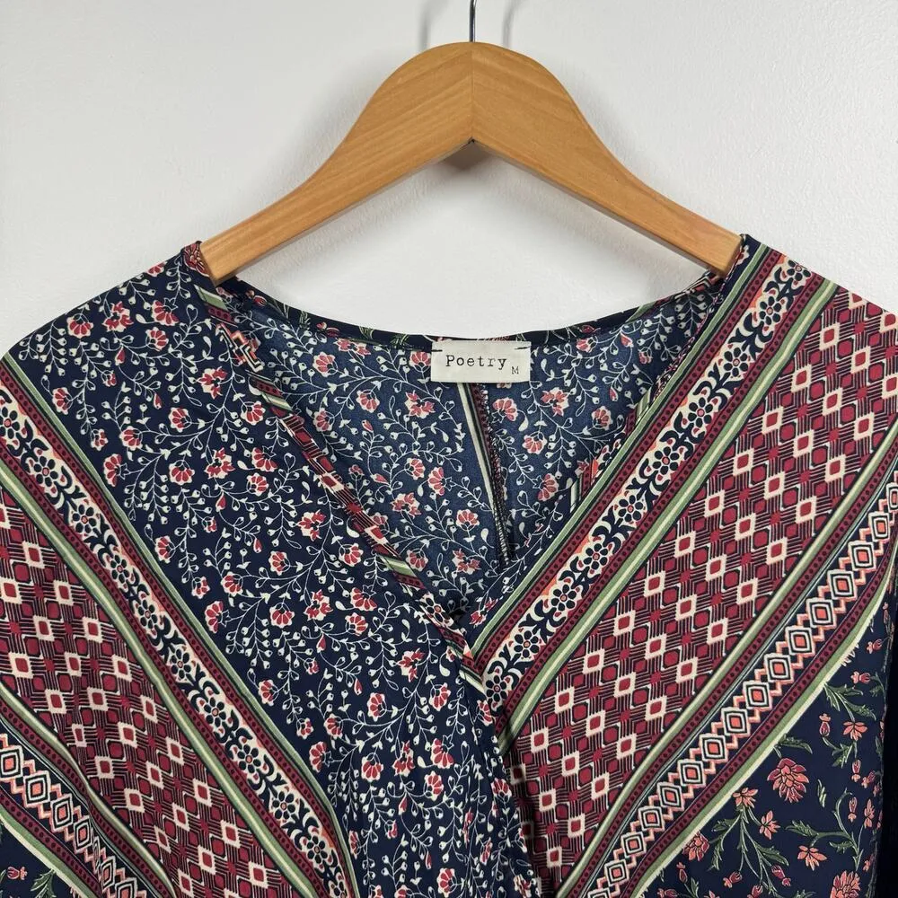 Poetry Faux Wrap Surplus Blouse Top Women M Blue Floral Drapy Boho Made in USA - Image 3