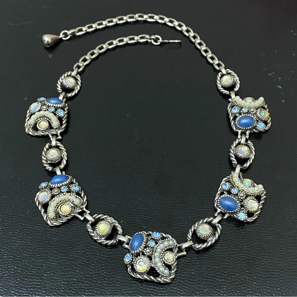 Vintage SELRO Blue Stone Rhinestones Faux Pearl Victorian Style Necklace - Image 6