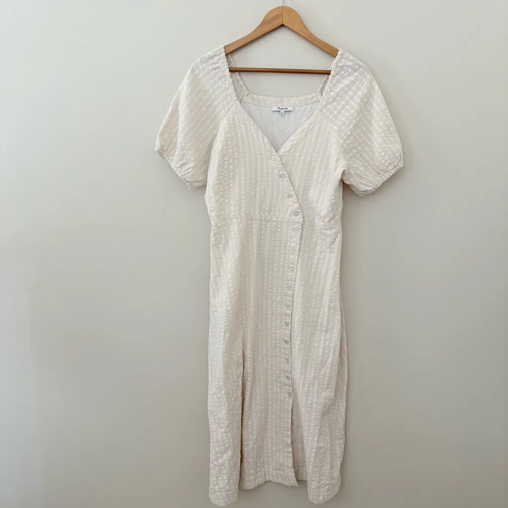 Madewell Puff-Sleeve Button-Wrap Midi Dress in Undyed Stripe Cotton Linen Size 6 - Image 3